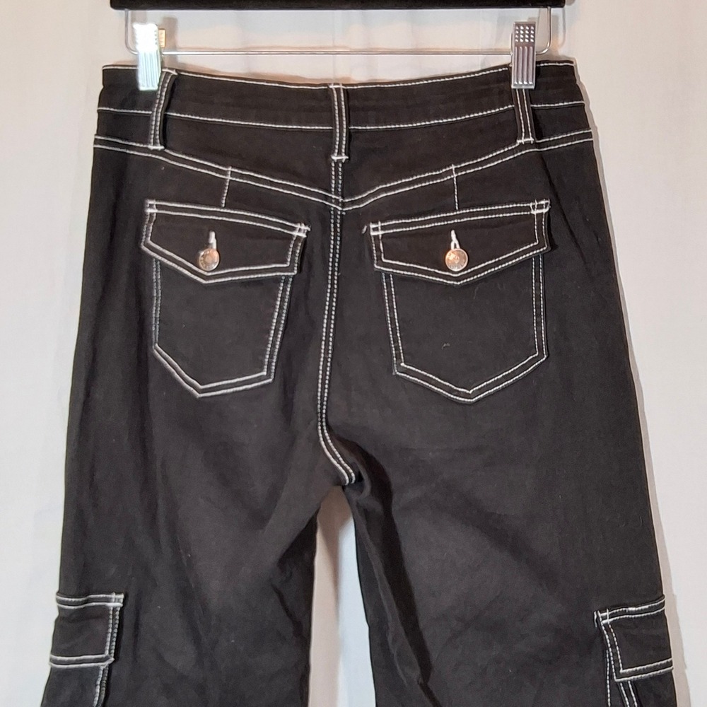 Vtg Hot Kiss Cargo Pants Jrs 7 Black Contrast Stitch Wide Leg Y2K Utility Grunge - Picture 5 of 8